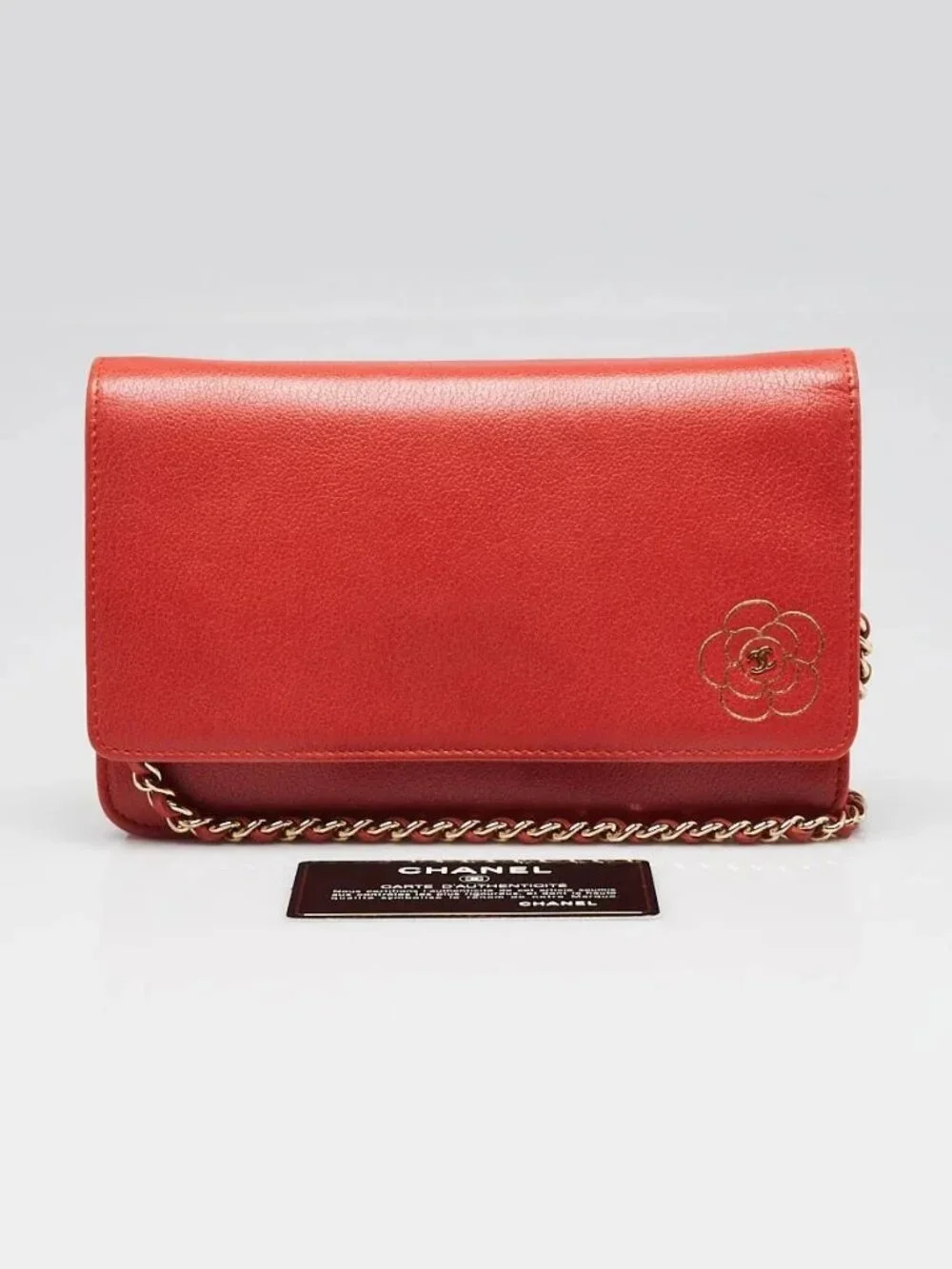 Chanel Red Grained Leather Camellia Embossed WOC Clutch Bag